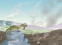 Drawing of Lizzy the Lizard looking at her habitat on the moors