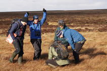 Volunteers cheering when planting Sphagnum on a bog 