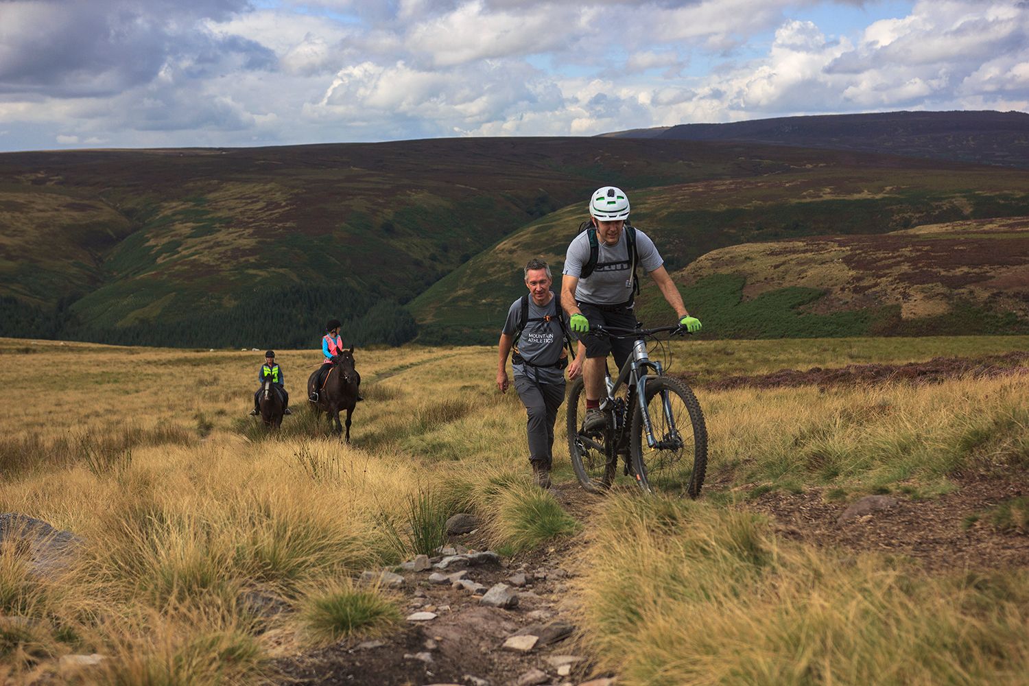 Cyclist and horse riders on the moors